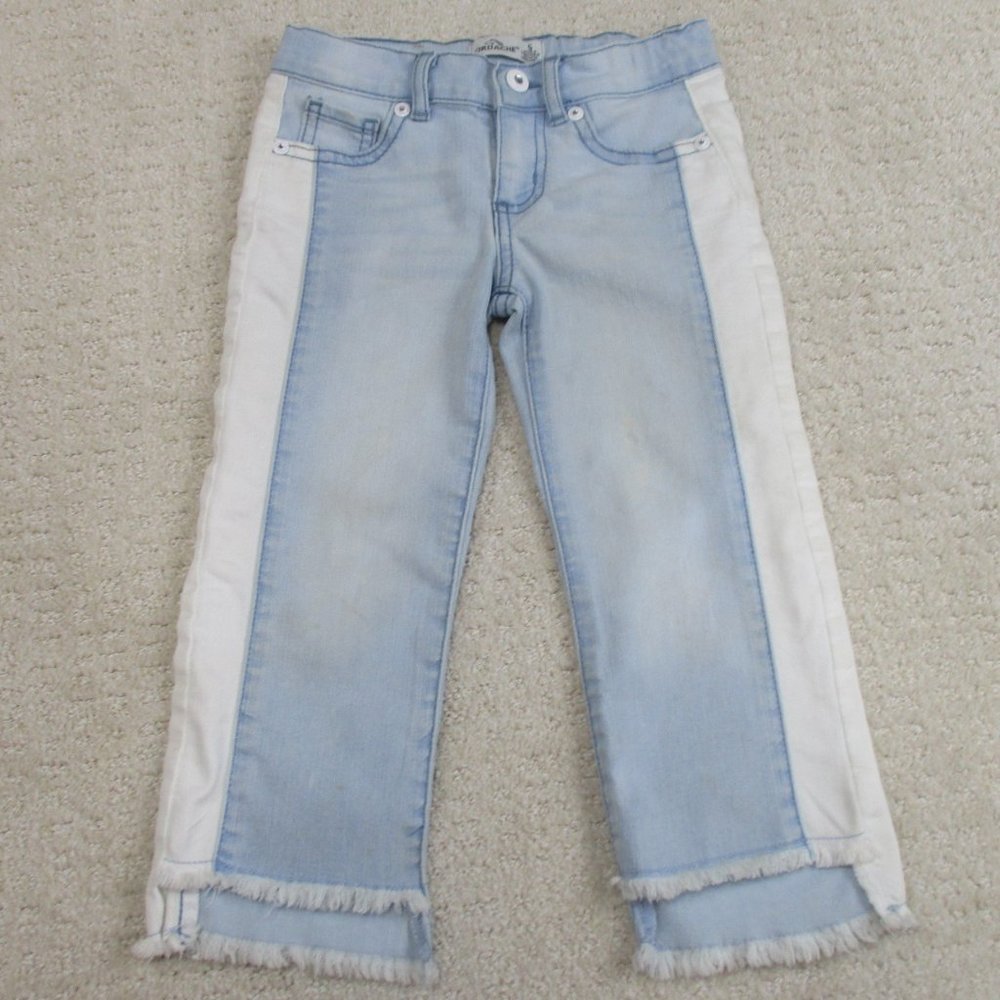 Jordache Jeans Girls 5 White Stripe Jewel Buttons High Low Distressed Stone Wash